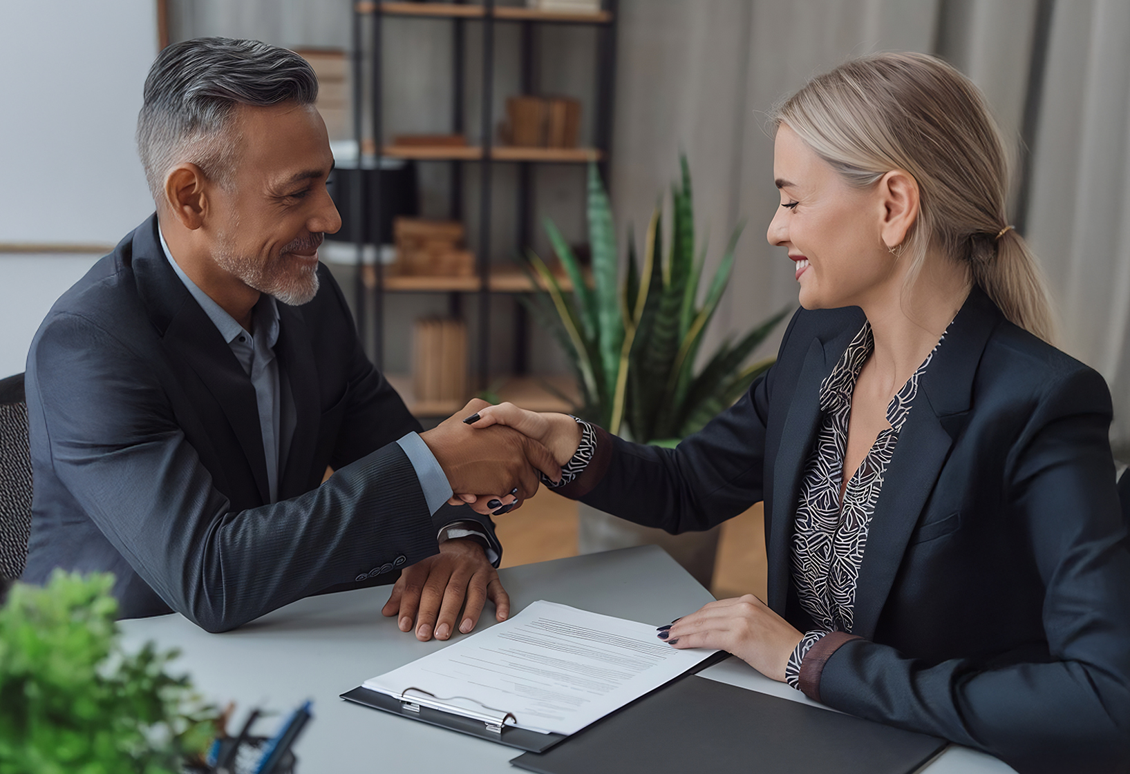 Two people talking through paperwork at a table